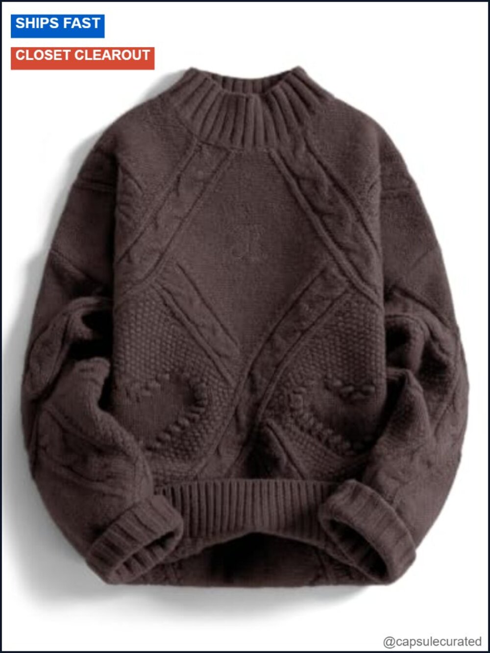 Oversized Cable Knit Chunky Sweater Mock Neck Long Sleeve Pullover